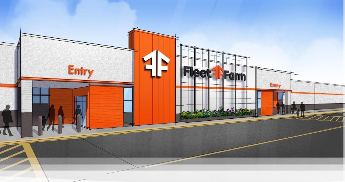 Fleet Farm retail store exterior with branded signage and environmental graphics