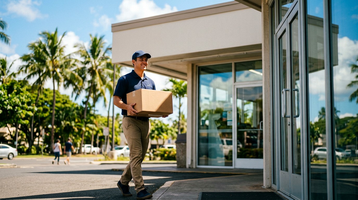 Delivery associate carrying a box to a store entrance in a tropical setting
