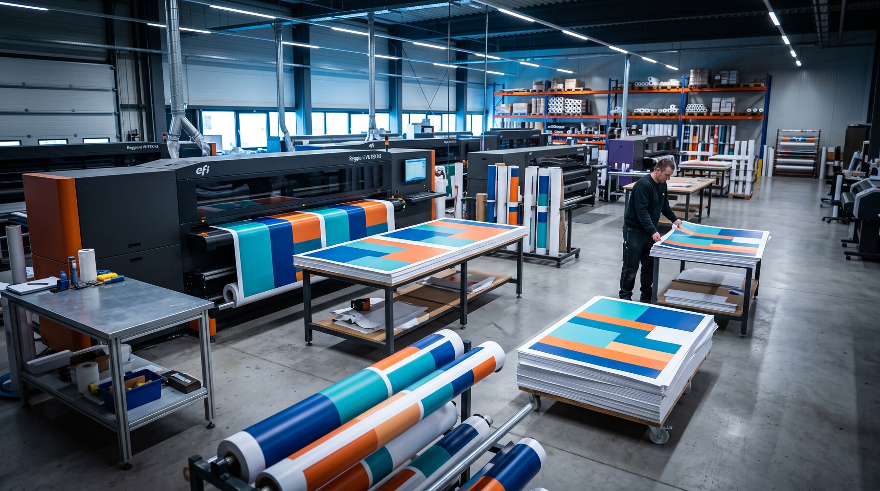 Large-format print production floor with vibrant branded signage sheets coming off a wide-format press